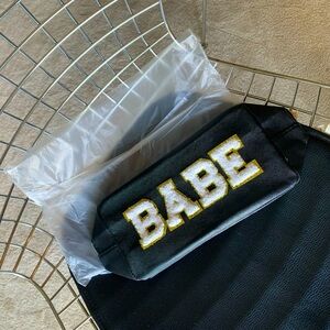 Large makeup bag with BABE lettering. Black zip makeup bag. Bridesmaid Cosmetic